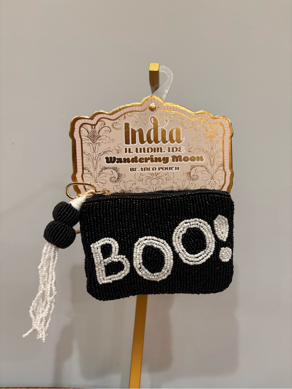 India Handmade 'BOO!' Beaded Card & Coin Pouch - Black/White